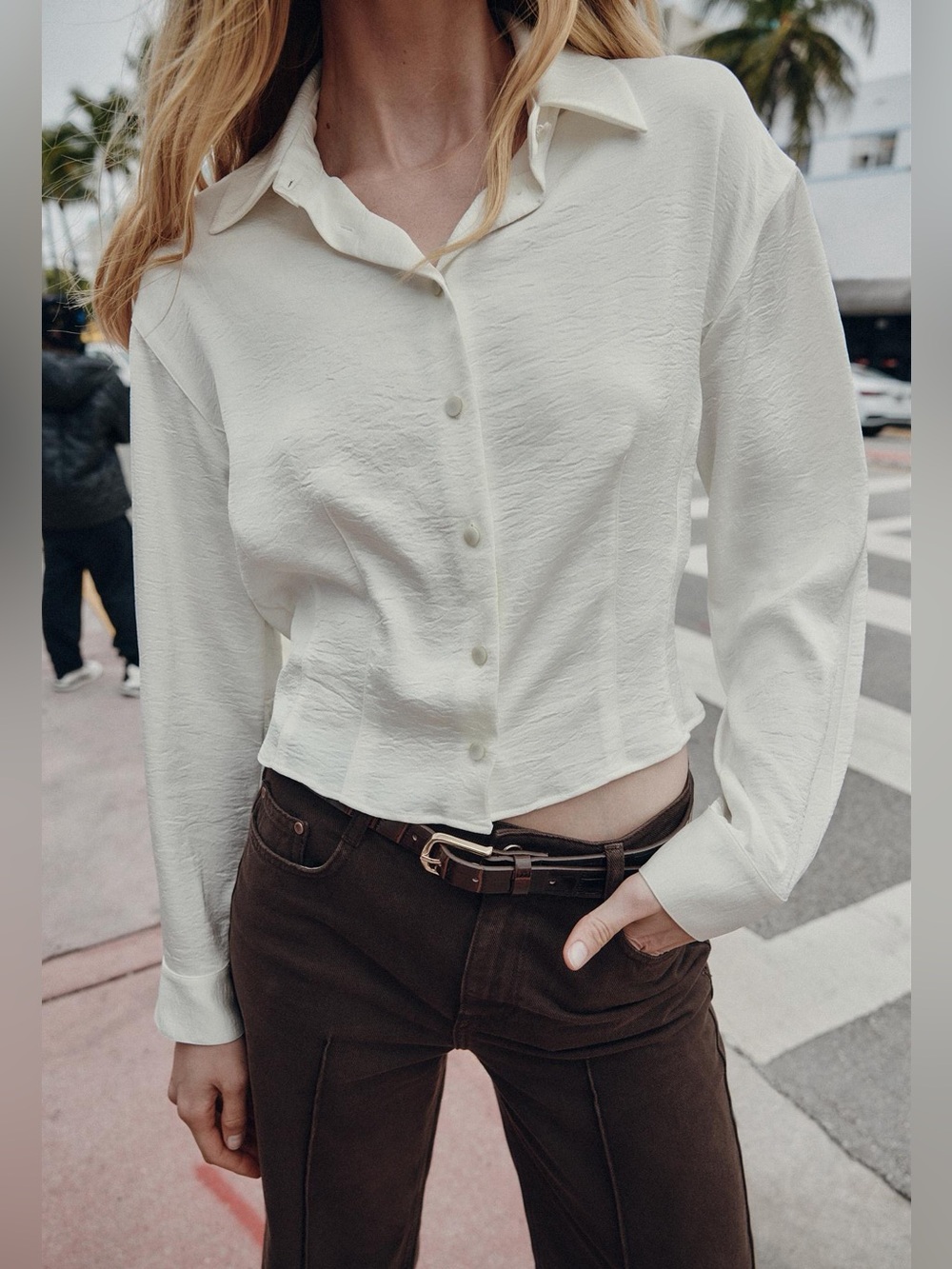 Zara NWT satin effect fitted waist Button-Front Shirt - ivory